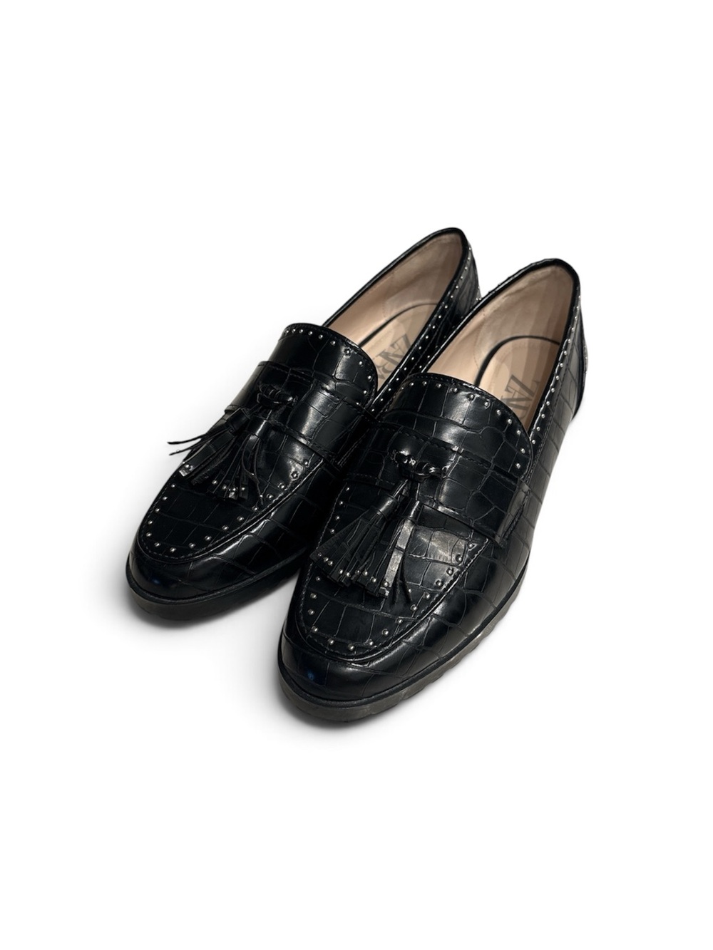 ZARA black patent leather tassel loafers with stud trim | sz 37eu | Brand new - Picture 2 of 4